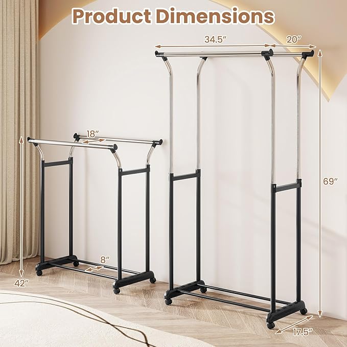 COSTWAY Double Rod Clothing Rack, Rolling Garment Rack with Shelf, Wheels, Adjustable Height Heavy Duty Metal Clothes Racks for Hanging Clothes for Dressing Room, Laundry, Living Room