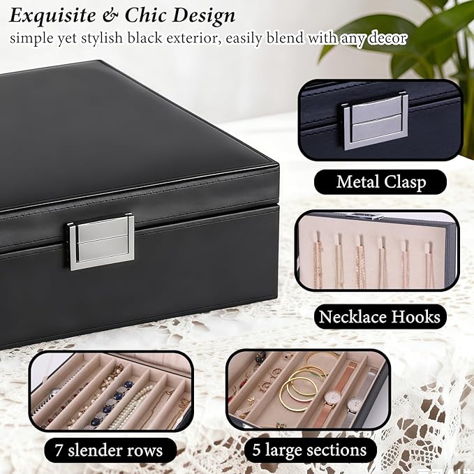 BEWISHOME Jewelry Box Organizer, 2-Layer Necklace Organizer Box, Modern Style Necklace And Bracelet Storage Case, Necklace Case for Women, Girls (Black SSH31B)