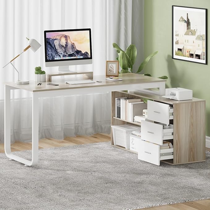 55 Inch Reversible L Shaped Computer Desk with 3 Drawers, Corner Desk with Storage Shelves and Removable Monitor Stand, White and Walnut