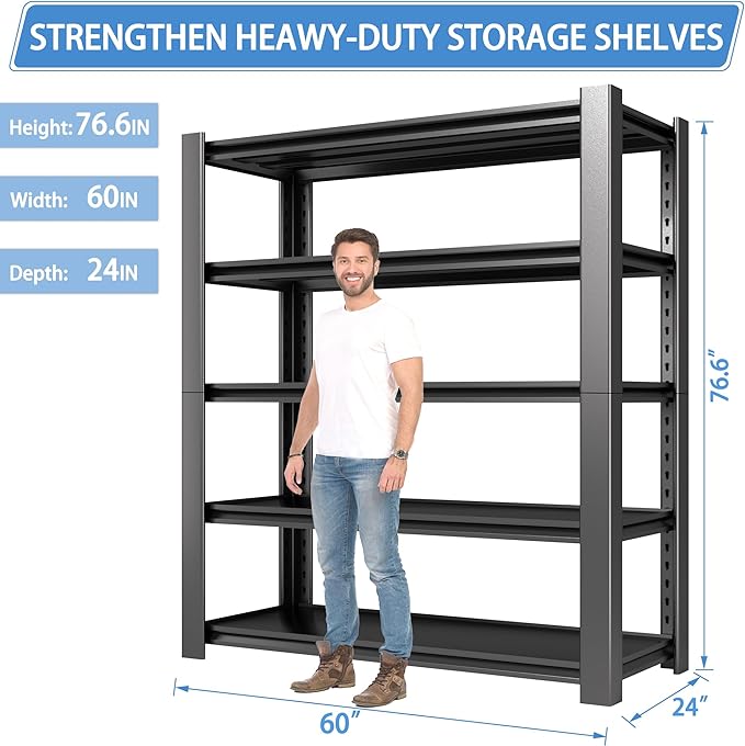 5-Tier Garage Shelving Heavy Duty, 3000 LBS Capacity Metal Storage Rack 76" H x 60" W x 24" D, Adjustable Shelves Unit for Garage, Warehouse, Basement, Pantry, Workshop.4 Pack