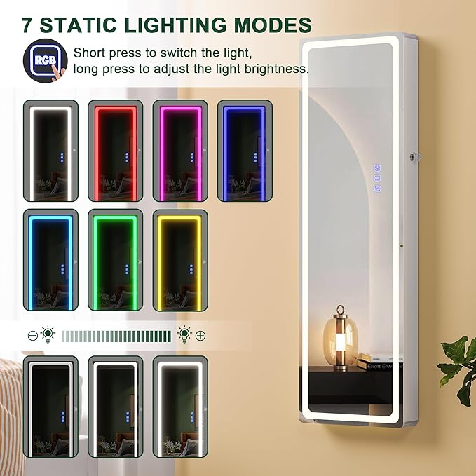 HNEBC LED Mirror Jewelry Cabinet with RGB Lights,47.2" Wall Mounted Jewelry Organizer with Full-Length Mirror,Over The Door Hanging Jewelry Armoire Storage Cabinet,Folding Dresser,2 Drawers,Lockable