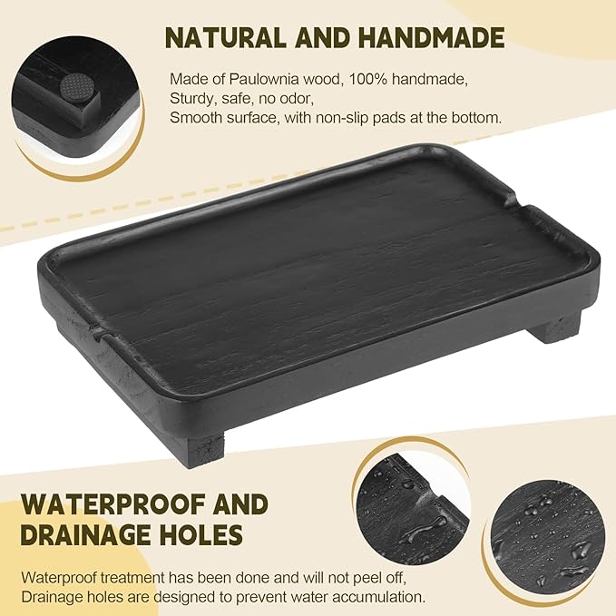 Wood Riser Small Decorative Tray Sink Soap Dish, Vanity Tray Pedestal Stand 9 x 5.9 inches (Black)