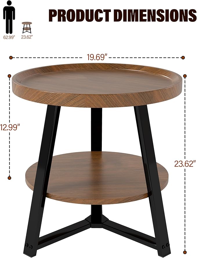 Small Round End Table, 2-Tier Side Table with Storage, Small Round Coffee Table for Living Room, 20'' Living Room Furniture with Sturdy Steel Frame (Brown)