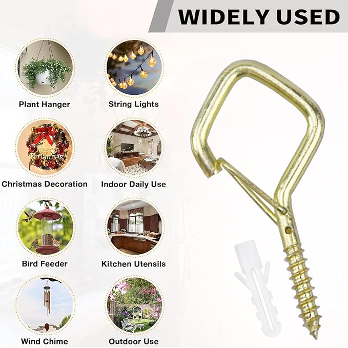 10 PCS Eye Screw Hooks for Hanging Heavy Duty with Safety Buckle.Metal Ceiling Hooks for Hanging Plants,Cup,Wind Chime,Bird Feeders,christmas String Lights at Indoor&Outdoor,2.36 Inch(No Drill Bit)