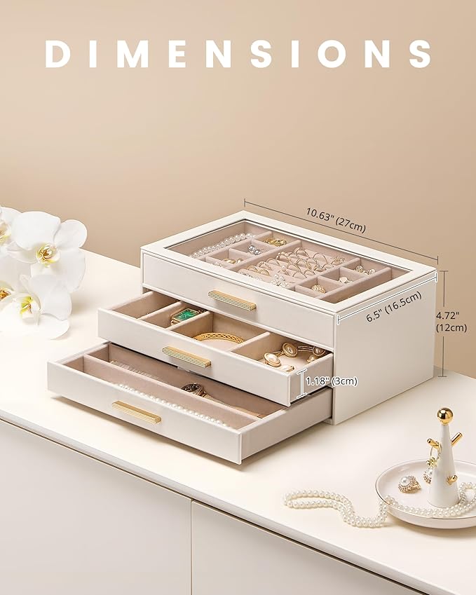 Lolalet Jewelry Box Organizer, 3-Layer Jewelry Organizers and Storage Case with Glass Lid, Ring Earring Bracelet Necklace Holder Organizer, Birthday Christmas Gifts for Women Girls -3Layer, Beige