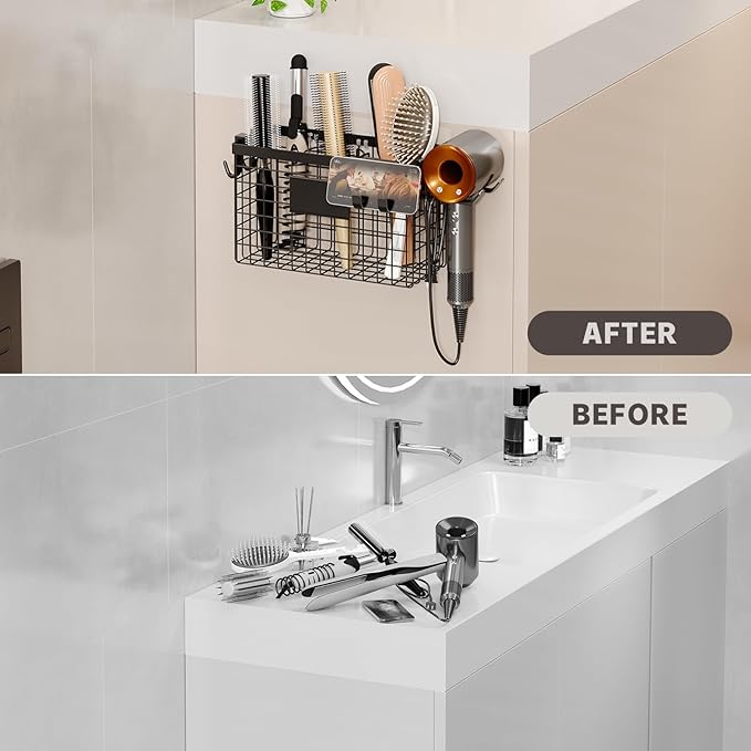 Hair Dryer Holder Cabinet Door 3-in-1 Adhesive Hair Tool Organizer Wall Mounted Adjustable Height Blow Dryer Holder Under Sink Bathroom Hair Appliance Organizer and Storage Countertop(Black)