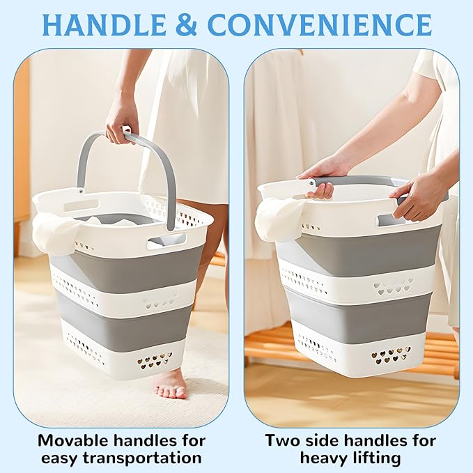 2 Pcs Collapsible Laundry Baskets for Dirty Clothes, 43L Plastic Laundry Hamper for Dorm Bedroom, Space Saving Pop-Up Laundry Hamper Container, Durable Foldable Laundry Basket with Handles (Grey)