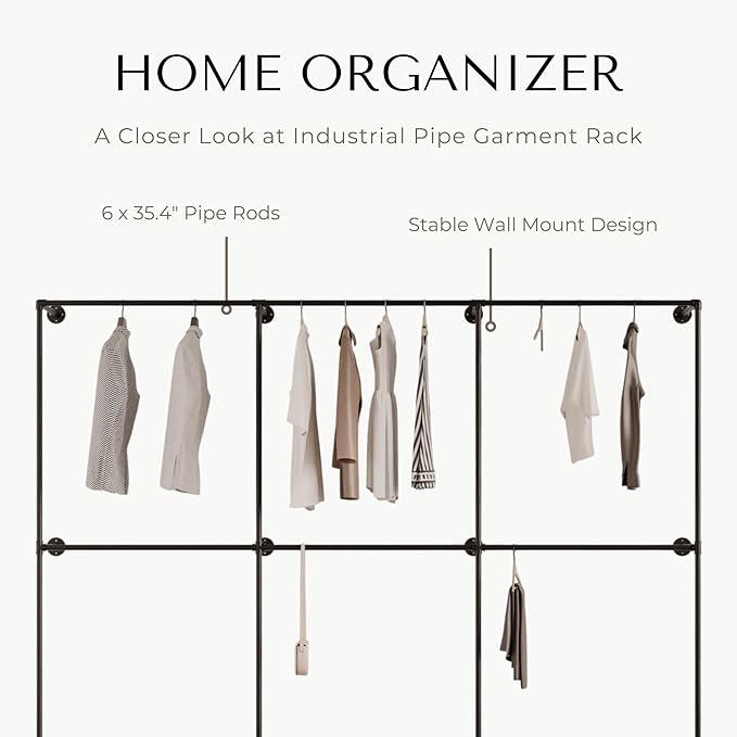 Industrial Pipe Clothing Rack, Heavy Duty Wall Mounted Clothes Rack,Retail Display Hanging Garment Rod for Laundry Rooms, Closet Storage, 14.6x110x82.7 Inches, Model K04
