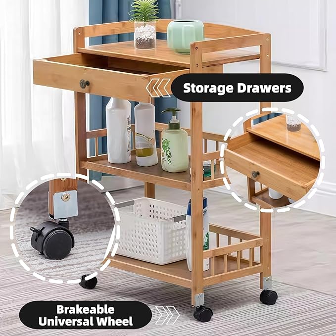 Kitchen Carts on Wheels with Storage, Rolling Storage Cart with Handles, Lockable Wheels, Top Drawer, Utility Carts on Wheels Microwave Stand for Kitchen, Living Room