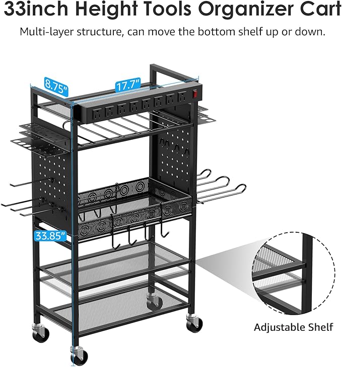 CCCEI Power Tool Organizer Cart with Charging Station, Garage Floor Rolling Storage Cart on Wheels for Mechanic, Mobile 6 Drill, Tool Box Utility Cart with Battery Charging Power Strip, Black