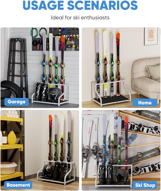 Ski Storage Rack for Garage — Freestanding Ski Holder for 4 Pair Skis, Boot, Helmet, Goggles, Indoor Snowboard Rack Organizer Stand for Home, Shed, Basement, White