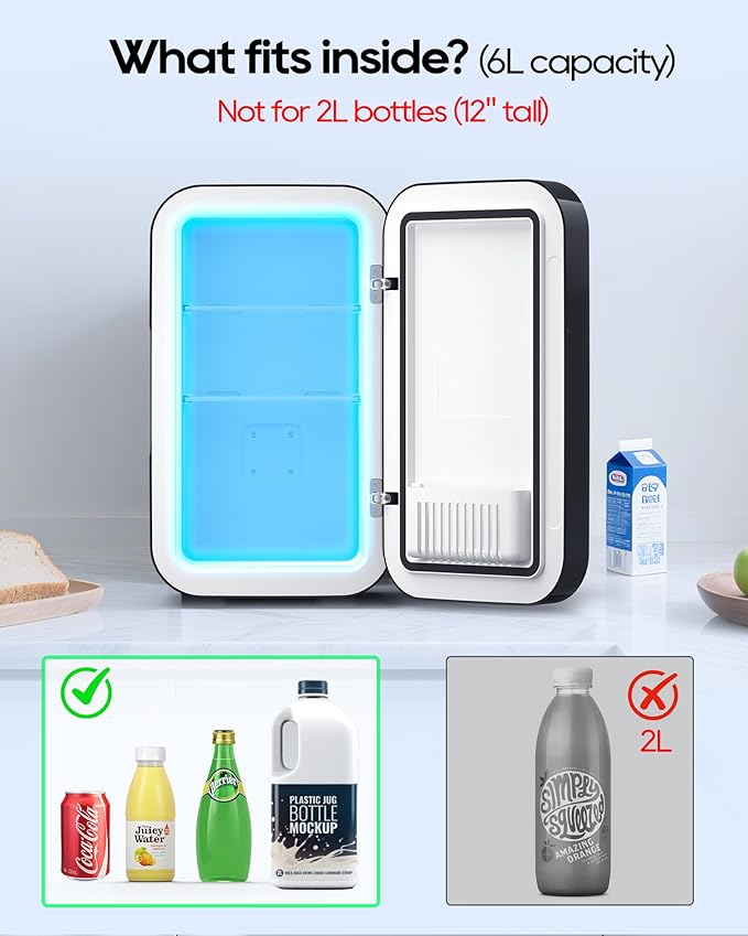 Mini Fridge,6 Liter / 8 Can Small Fridge for Bedroom, Car, Office & Dorm, AC100-120 V/DC 12 V Portable Thermoelectric Cooler & Warmer for Skincare, Food, Drinks,Black ﻿