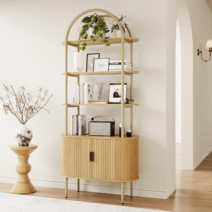 BREEZEHEAT Fluted Arched Bookshelf, 71" Tall Bookshelf with Sliding Tambour Doors, 4-Tier Open Display Storage Shelf, and Metal Frame, Curved Cabinet for Living Room, Home Office, Bedroom, Natural