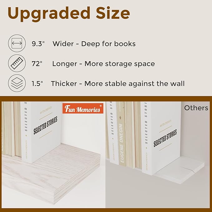 Fun Memories 72 Inch Floating Shelves, 72 x 9.3 Rustic Wooden Fireplace Mantel, 9.3 Inch Floating Shelf for Wall, Farmhouse Wall Shelves for Home Storage & Display, Brich Color, Set of 1