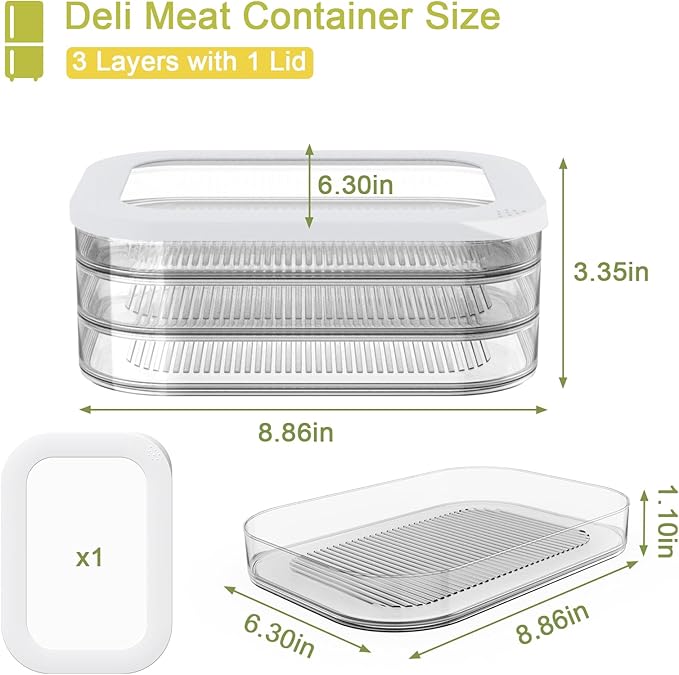 Stackable Deli Meat Container with Drainage Groove and Silicone Lid, Clear Refrigerator Storage Containers for Lunch Meats, Cold Cuts, Bacon, Cheese, BPA Free - 3 Layer