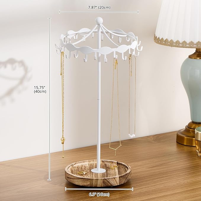 Lolalet Rotating Necklace Holder Stand with Metal Hooks, Spinning Display Carousels, Freestanding Organizer Hanger, for Long Necklaces Chains -White