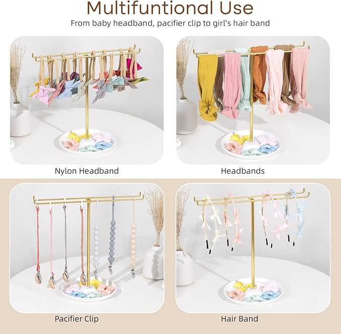 POVETIRE Baby Headband Holder Hair Bow Organizer for Girls,Metal Hair Ties Display Nylon Hairband Storage Head Wrap Stand Hair Accessories Organizer for Newborn Infant Toddler Kids
