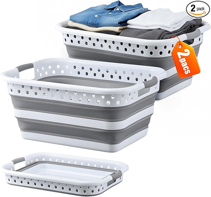 Monozuki Collapsible Plastic Laundry Basket 11.1 gallon(42L) 2pcs Eco-recycled material - Foldable Pop Up Storage Container/Organizer - Space Saving Hamper/Basket BPA Free