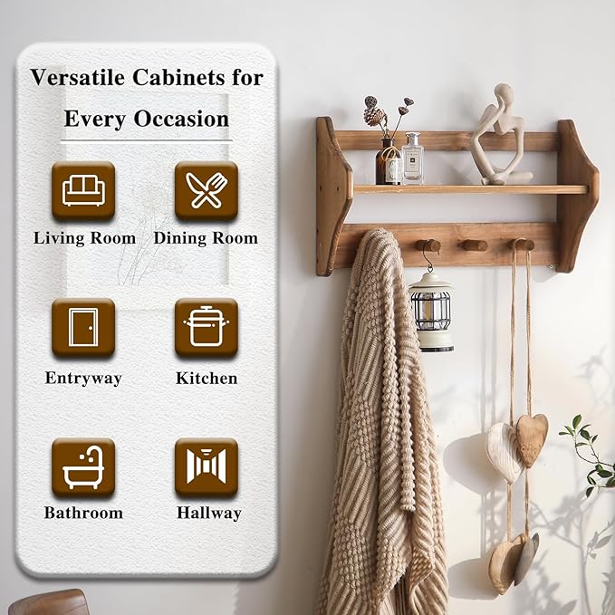 100% Solid Wood Wall Hooks with Shelf, Rustic Coat Rack with Shelf Wall-Mounted, Farmhouse Decor Shelves with 4 Hooks for Clothes Hats Towel Purse Robes, Bathroom Mudroom Bedroom, Entryway