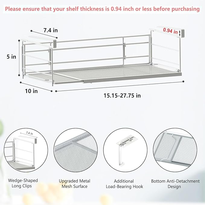 Expandable Under Cabinet Shelf, Extendable Under Shelf Storage with Removable Wire-Like Back for Pantry Cabinet, Laundry Room, Shoe Rack. (White, 2 Pack, Interior: 5" H x 10" D)