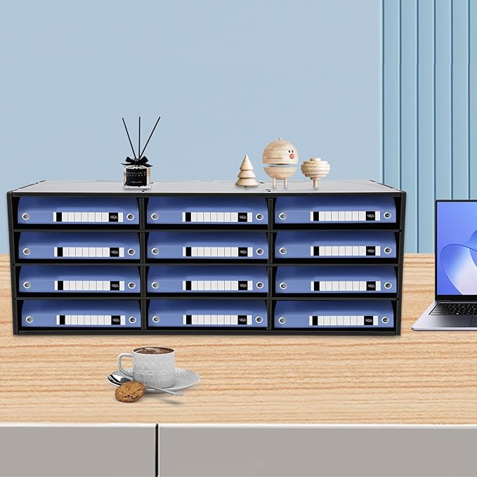 12 Compartments Literature Organizer, Desktop File Sorter Mail Center Paper Storage Cabinet Classroom Mailbox for Files Documents Papers Magazines(White) (Black 12 Slots)