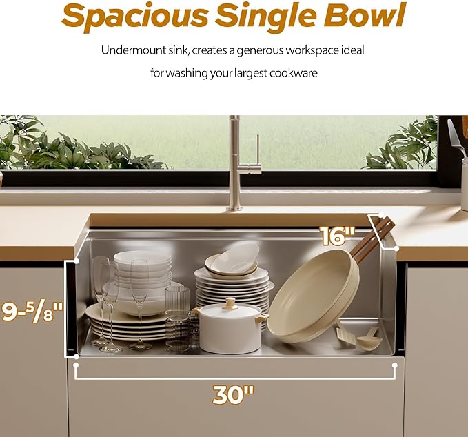 32 Inch Undermount Kitchen Sink, TECASA 18-gauge Stainless Steel Single Bowl Deep Basin Large Utility Sink with Grid and Strainer (32" x 18" x 10")
