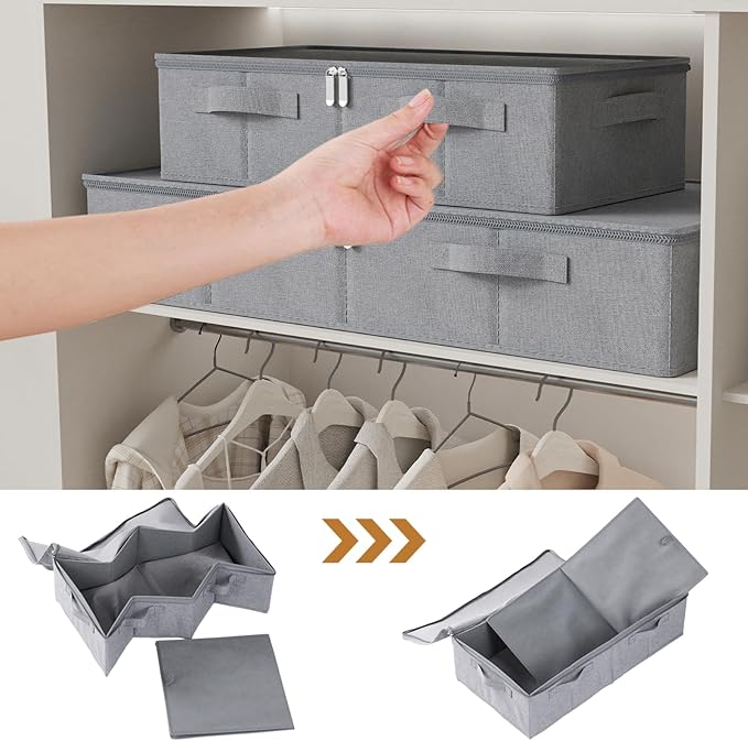 Underbed Storage Box, Foldable Under Bed Bins Container, Organizer Baskets with Lid for Organizing Clothes, Sheets, Pillows, Comforter, 31.4x15.7x5.9in, Grey, 3 Pack