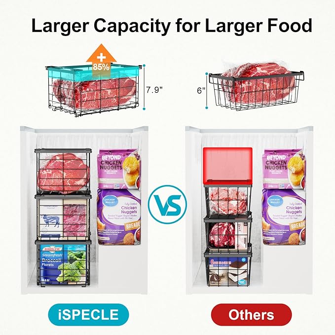 iSPECLE Deep Freezer Organizer Bins - 4 Pack Large Freezer Organizer for 5 to 7 Cu.Ft Chest Freezer, Stackable Easy Access Food No More Digging, Sturdy Metal Wire Basket Not Scratch Bottom, Black