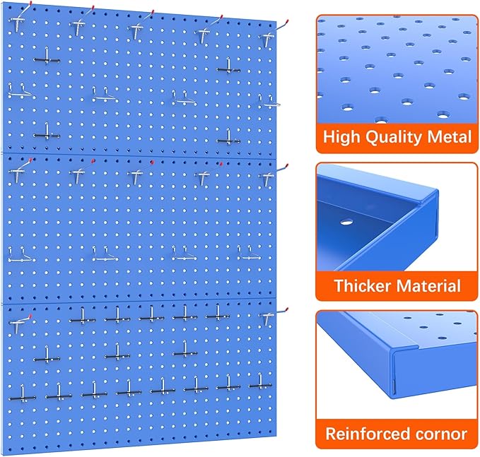 TORACK 3 PCS Metal Pegboard Panels(12x24 inch) for Wall Garage Utility Tools Storage Pegboard for Workbench, Modular Peg Board Tool Organizer Board Kit(Pack of 3, Blue)
