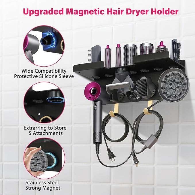 Wall Mount Hair Holder Compatible With Dyson Airwrap and Hair Dryer, Upgraded 2-in-1 Magnetic Dryer Holder Fit for Accessories Nozzles Barrels Brushes
