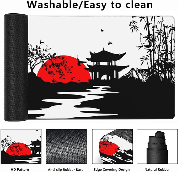 Desk Mat,Japanese Landscapes with Mountains Gaming Mouse Pad,XXL Extended Mouse Pad Mat for Office,Computer,Keyboard with Non-Slip Base Stitched Eges Mousepad 35.4x15.75 inch