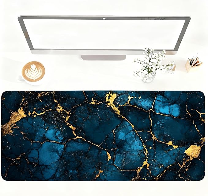 Blue Marble Gold Vein Mouse Pad – Large Extended Desk Mat 35.43 x 15.75 in – Elegant Navy Ink Texture with Metallic Cracks, Keyboard & Mouse Pad for Office & Gaming