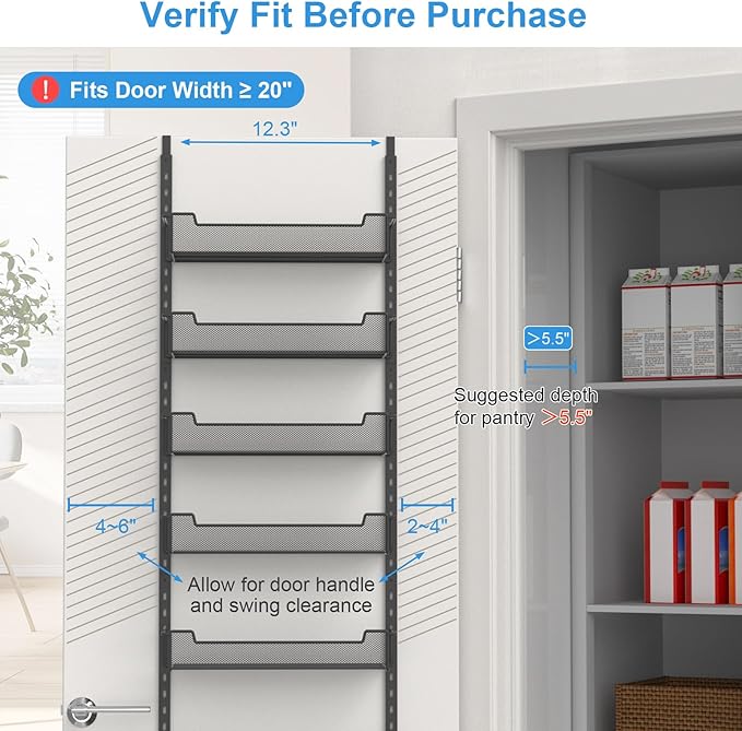12.3" W Narrow Over the Door Pantry Organizer, 8-Tier Over the Door Organizer with Adjustable Basket, Pantry Door Organization for Pantry Kitchen Storage Room Spice Rack, Black