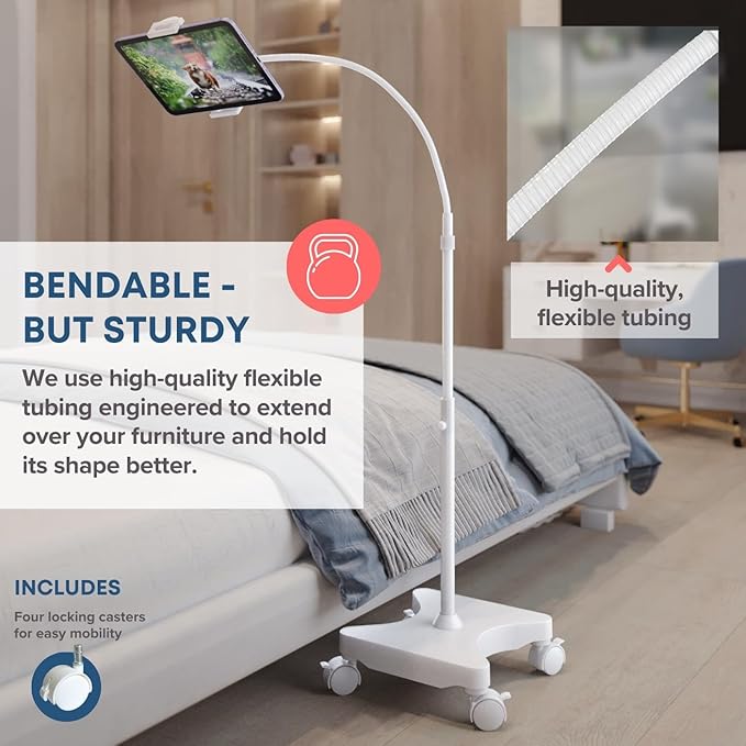 LEVO Gooseneck Tablet Floor Stand with Casters – Rolling Adjustable iPad Mount with Wheels, Height Tilt Rotation, Locking Mobile Base for Bedside, Couch, Chair, Hospital, Office, and Home – White