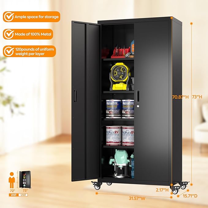 Aobabo 73" H Metal Storage Cabinet with Wheels for Garage, Rolling Tool Cabinet with 4 Shelves, for Home Office, Black, Assembly Required