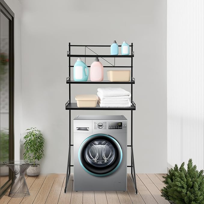 Over Washer and Dryer Storage Shelves, 3-Tier Washing Machine Organizer Rack with Height Adjustable Shelf for Laundry Room Garage Bathroom, W27.2*D15.8*H63.4in, Black
