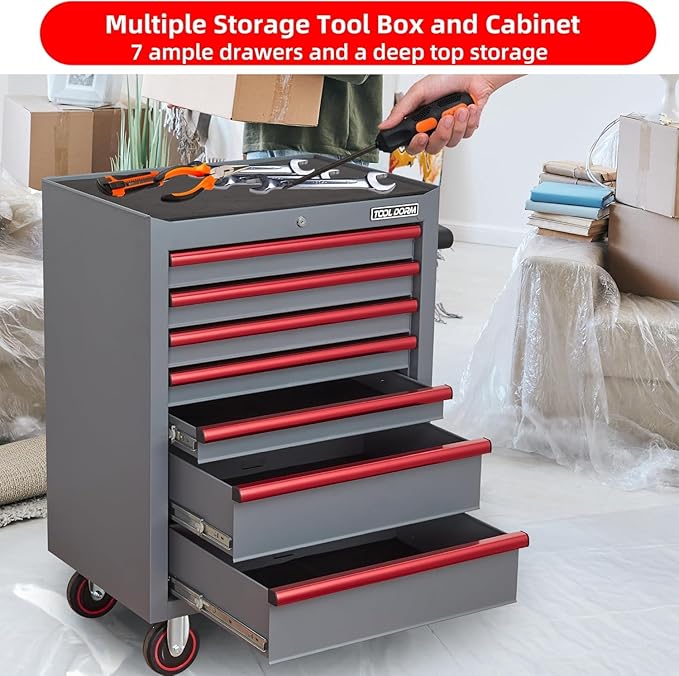 7-Drawer Rolling Tool Chest with Locking Wheels & Drawers, 18.11" D x 26.61" W x 38.3" H Mobile Tool Storage Cabinet, Heavy-Duty Garage Organizer with Ergonomic Handle