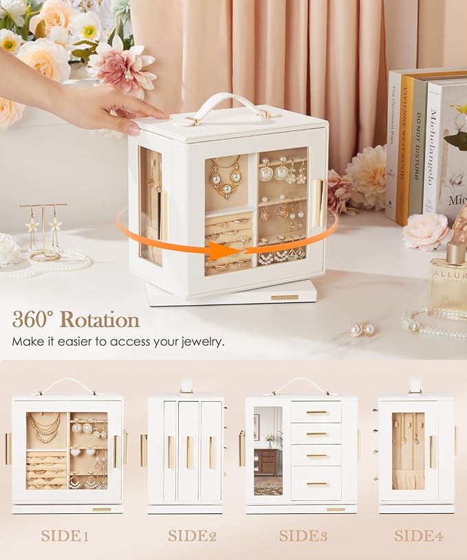 Homde Christmas Gifts Jewelry Box 360° Rotating, Necklace Earring Organizer with Transparent Window, Mirror, 7 Drawers, Large Ring Display Storage Case for Girls Women (White)
