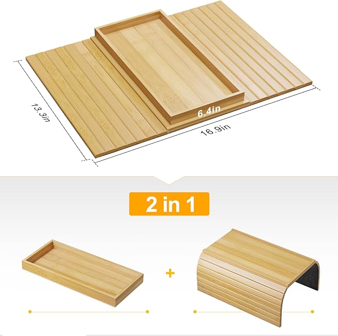 Bamboo Sofa Arm Rest Tray Table for Couch - 2-in-1 Couch Arm Table with Be Slide Detachable Tray - Anti-Slip Foldable Sofa Armchair Caddy for Drinks Cup Cellphone TV Remote Snacks (Bamboo)