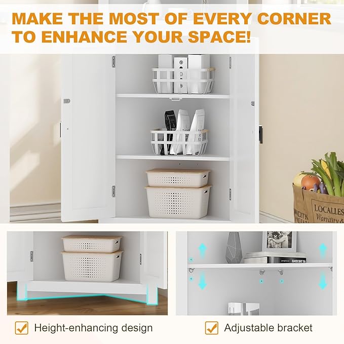 64 inch Farmhouse Corner Cabinet with 2 Barn Doors, Tall White Storage Cabinet with Adjustable Shelves, Multi-Purpose Buffet Pantry for Bathroom, Kitchen, Dining Room