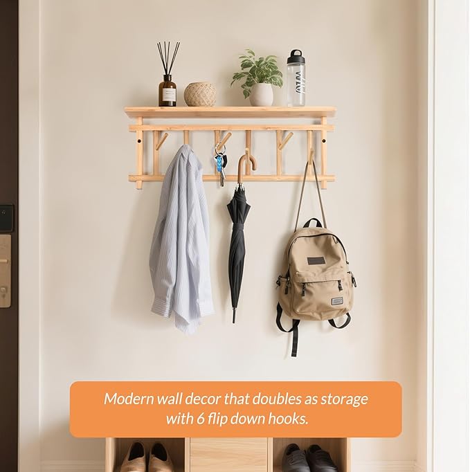 Coat Rack Wall-Mounted with Shelf Coat Hooks Wall Mount with Shelf Entryway Hanging Shelves with 6 Rotating Hooks for Hallway/Living Room/Bedroom/Kitchen (Bamboo)
