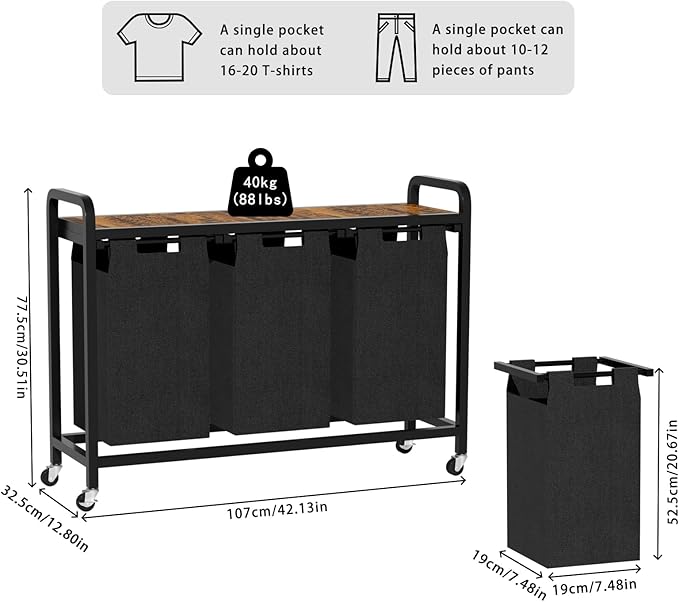 Laundry Sorter with Shelf, Wheels, Pull-Out and Removable Bags, Laundry Hamper Organizer 3 Sections, Rolling Laundry Basket for Laundry Room Bathroom Hotel Dorm, 42.13"L x 12.8" W x 30.51"H
