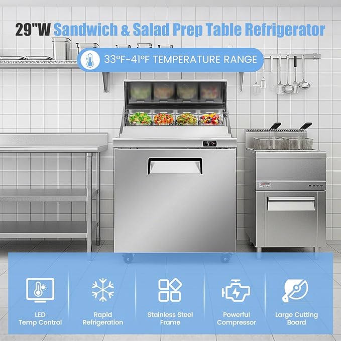 29" W Commercial Refrigerator Sandwich Salad Prep Table, Stainless Steel 1-Door Sandwich Prep Table Refrigerator, Counter Fan Cooling Refrigerator with 12 Pans for Restaurant, Bar