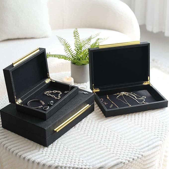 Faux Shagreen Leather Jewelry Storage Boxes Set of 3 with Gold Handles, Velvet Lined Stackable Organizer for Women, Vanity, Dresser, Gift, Black