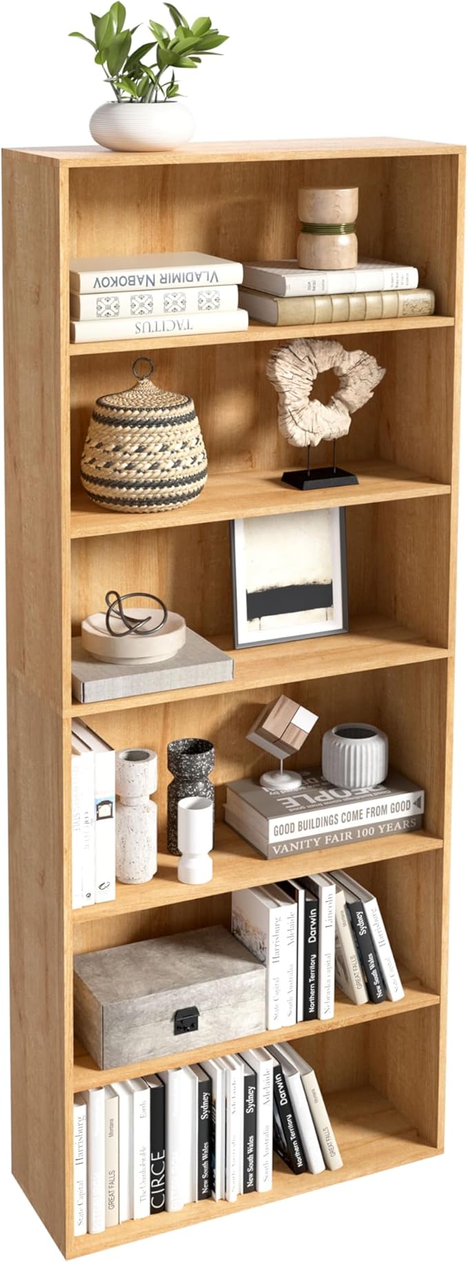 6 Tier Book Shelf，Wooden 6 Cube Storage Organizer,6 Tier Low Bookcase Storage Display Organizer, 64 Inch Versatile Cubes Shelf and Cubby Unit for Any Space (Natural Oak, 6 Cube-W(23.6inch)