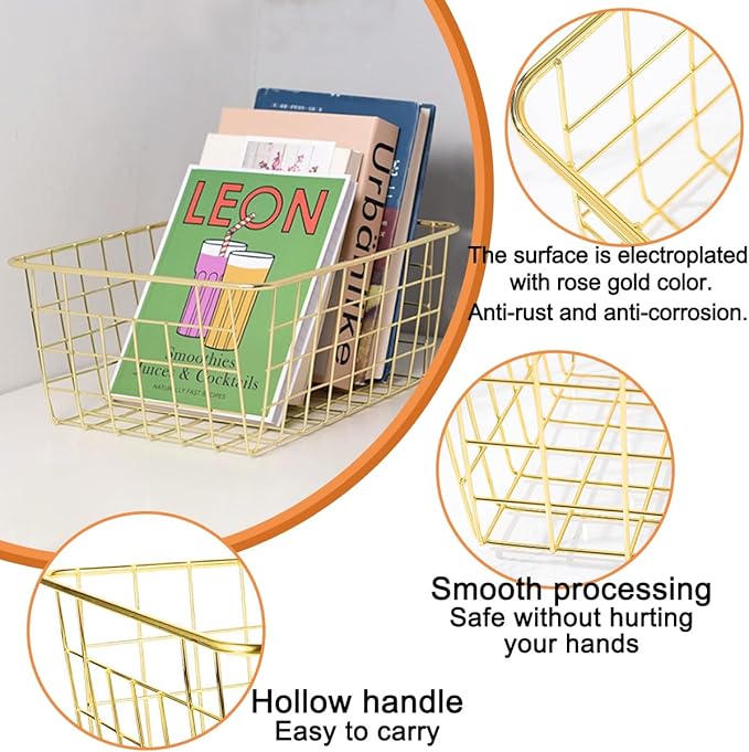 4 Pack Gold Wire Baskets for Organizing Office Wire Storage Basket Gold Metal Storage Baskets for Kitchen Cabinets, Bathroom, Countertop