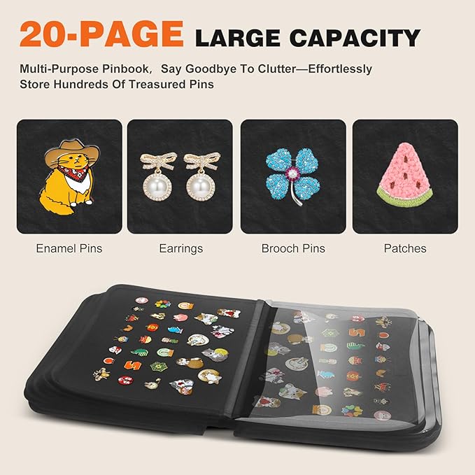 Enamel Pin Display Bag & Pin Trading Book for Collectors - Large Capacity 20 Page Pin Board Case with Removable Pages for Travel & Trading