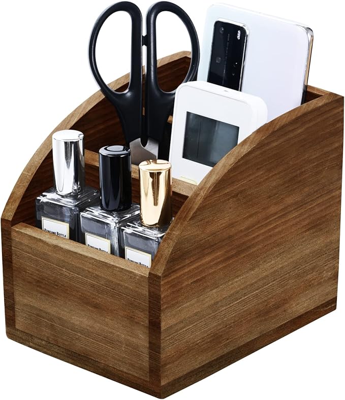 OKSQW Rustic Vintage Wooden Desk Organizer Farmhouse Wood Remote Control Caddy, 3 Slot Tabletop Desktop Office Supply Storage Rack Desktop TV Remote Control Holder Home Decor Office Supplies Storage