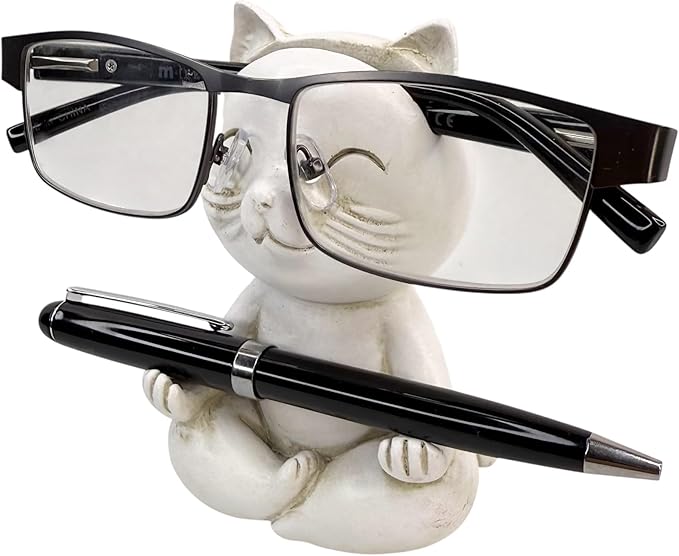 Top Brass Yoga Cat Eyeglasses & Pen Holder – Whimsical Reading Glasses Sunglasses Stand – Funny Desk Nightstand Glasses Keeper Rack Display – Meditating Zen Lotus Pose Figurine