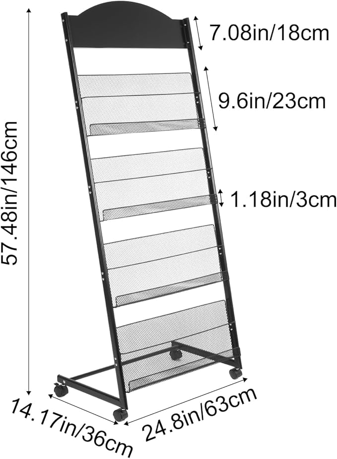 lesolar Floor-Standing Magazine Rack 4-tier Newspaper Holder Book Display Shelf Brochure Display Stand Floor Suitable for Exhibitions Shopping Malls Hospitals Offices School (Black)